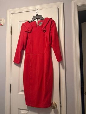 ASOS Red Long Sleeve Sheath Dress with Ruffle Shoulders